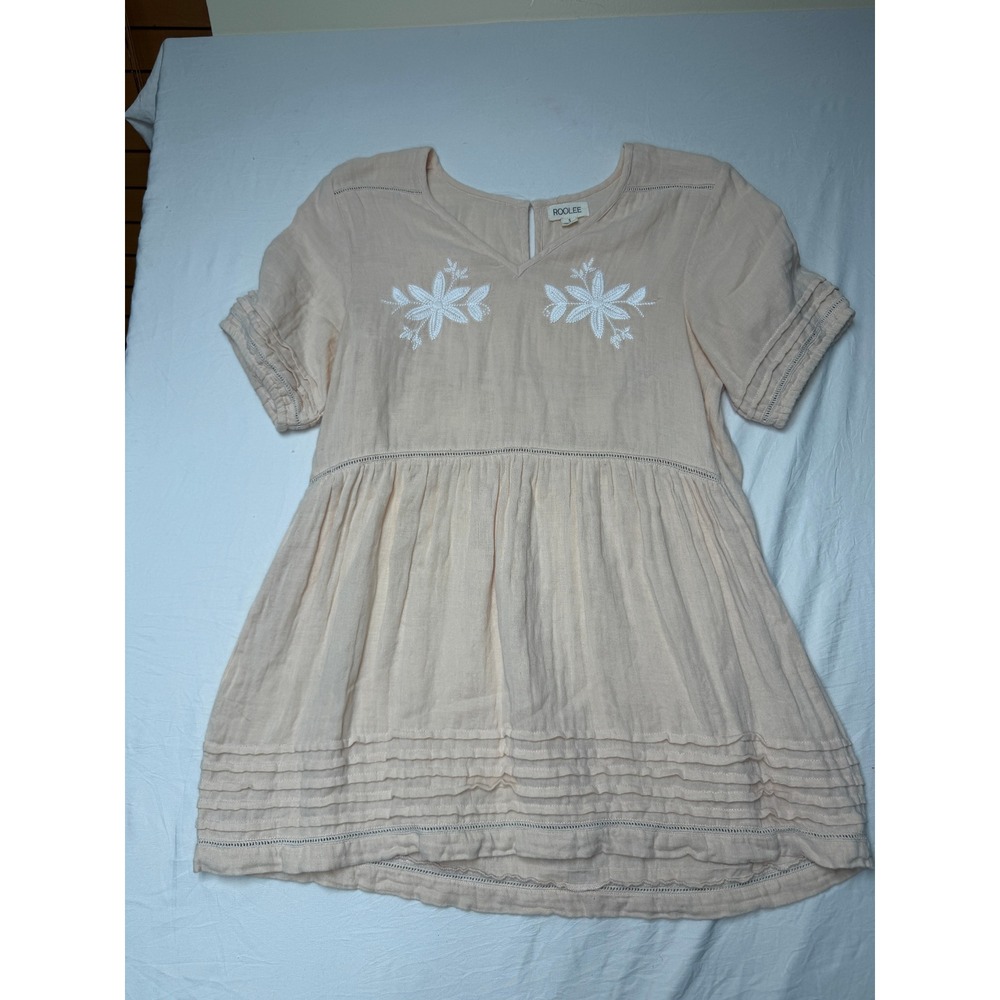 Roolee Peach Floral Embroidered Babydoll Tunic Top Short Sleeve Boho Small